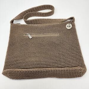 The Sak Brown Crochet Shoulder Bag Medium Zipper Closure Pocket Boho Festival